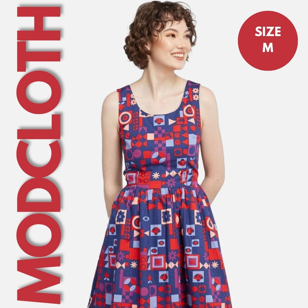 Modcloth Geometric Blue and Red Dress - it’s a small world